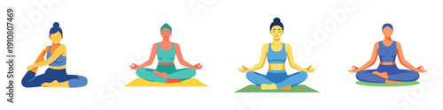 Vector illustration set of a person doing yoga in a calm pose, flat design, minimalist composition, no outline, bright colors