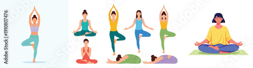 Modern flat vector collection of someone doing yoga in a calm position, clean minimalist style, outline-free, bold bright colors