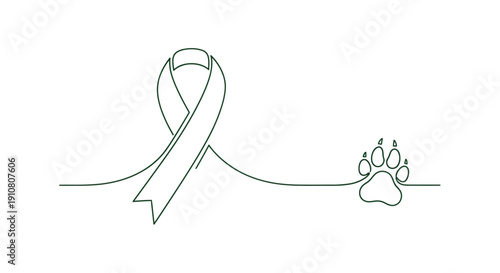 Awareness Ribbon and Paw Print Line Art - Support and Compassion for Animals
