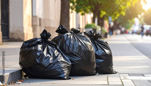 Black trash bags on sidewalk waiting for collection.