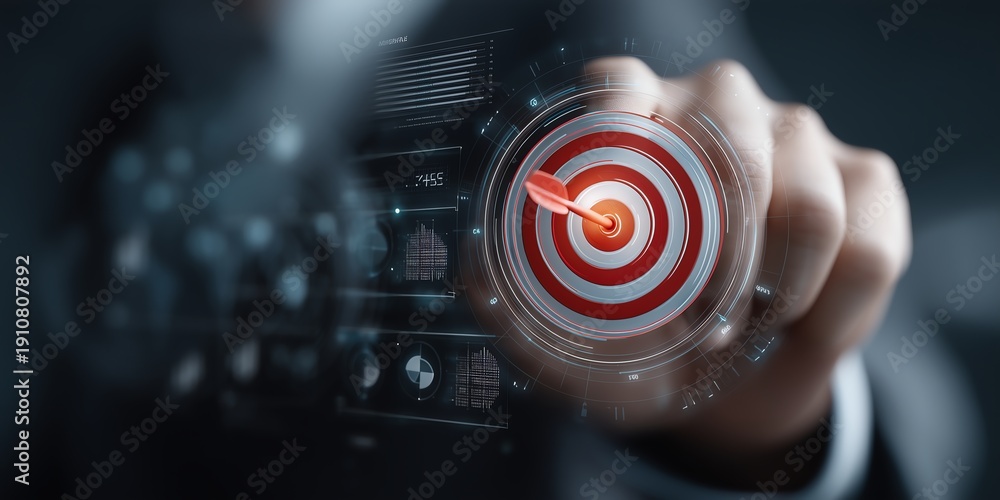 Fototapeta premium Corporate Finance Action Plan With Target Bullseye, Highlighting Sustainability Metrics, Profitability, And Resilient Digital Monitoring For Long Term Success