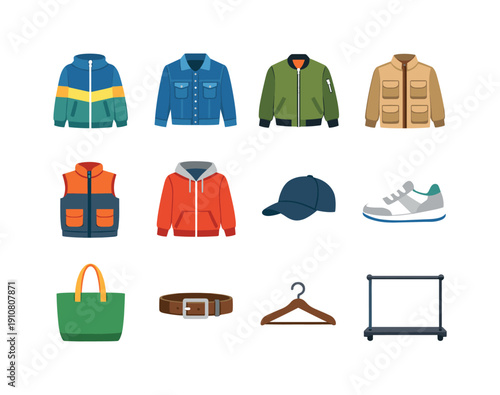 A curated set of essential men's apparel and accessories, including jackets, hoodies, vests, sneakers, caps, bags, belts, and hangers, presented in a clean, modern graphic style