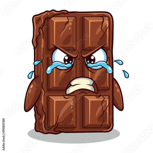 Angry chocolate bar character crying with sad expression and tears falling down.