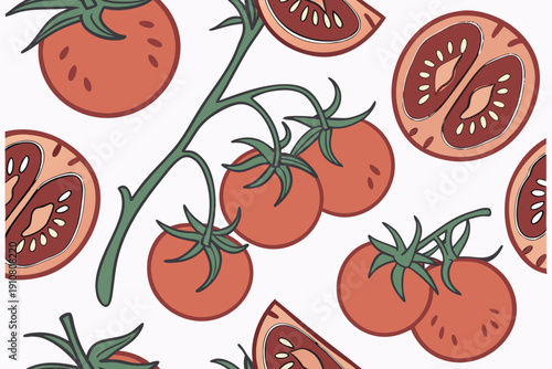 A vibrant vector illustration of tomatoes on a vine with sliced tomatoes on a white background