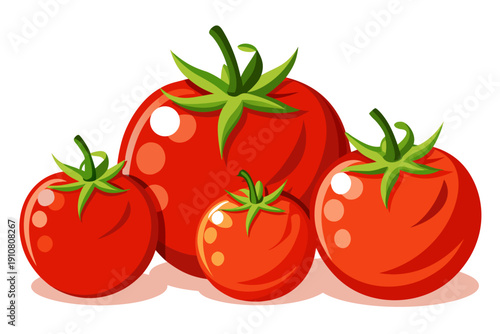 A vector graphic illustration of five red tomatoes with green leaves on a white background
