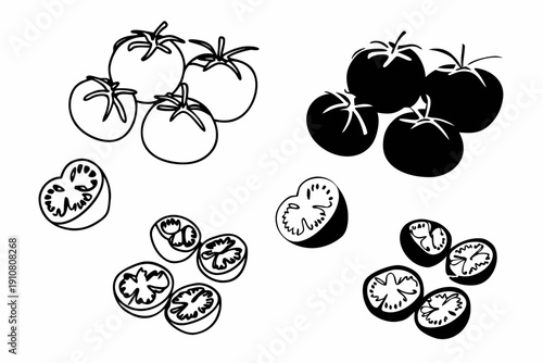 A black and white vector graphic illustration of tomatoes and sliced tomatoes in a simple line art style