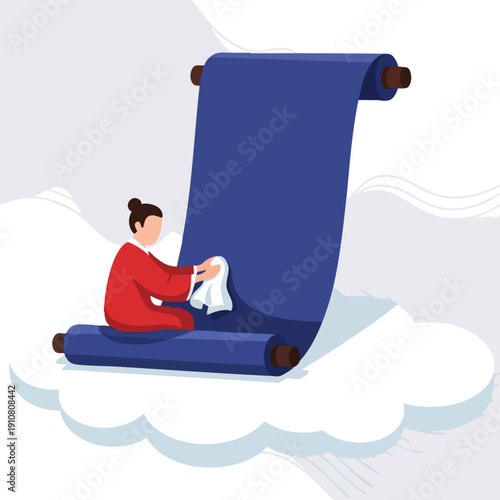 Ancient Scroll Unfurling on Cloud. Person Cleaning Scroll. Traditional Asian Art.
