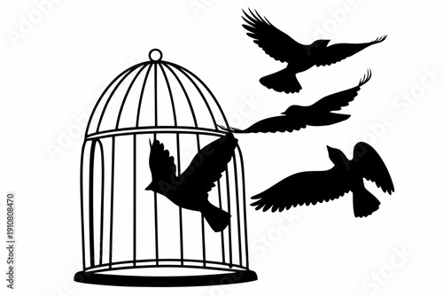 A minimalist vector graphic illustration of birds flying out of an open cage