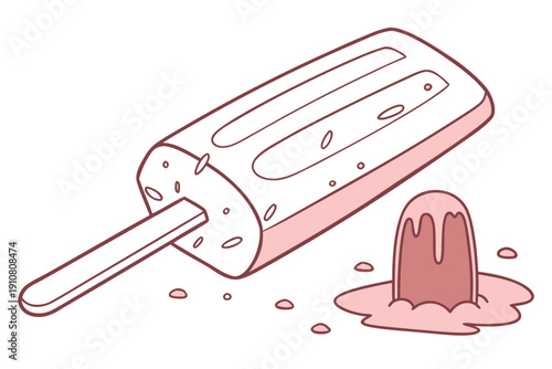 A pink popsicle melting with a stick and puddle of melted ice cream on a white background