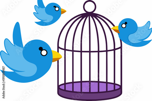 A vector graphic illustration of blue birds flying around an open purple birdcage on a white background