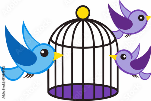 A colorful illustration of birds flying around an open birdcage with a white background