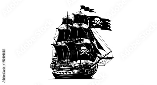 Black Pirate Ship with Skull Flags Sailing on White Background