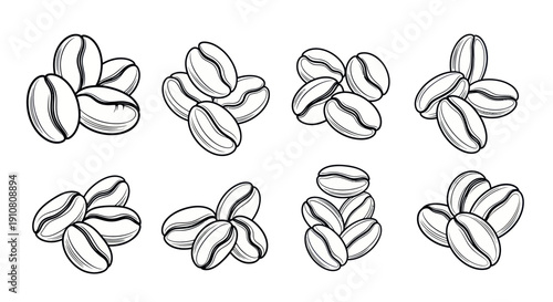 Hand-drawn coffee bean illustrations, isolated on white background