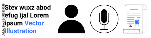 Audio recording, public speaking, certification, communication, legal agreements, voiceovers. Black silhouette of a person, microphone symbol and a signed document with a seal. Audio recording
