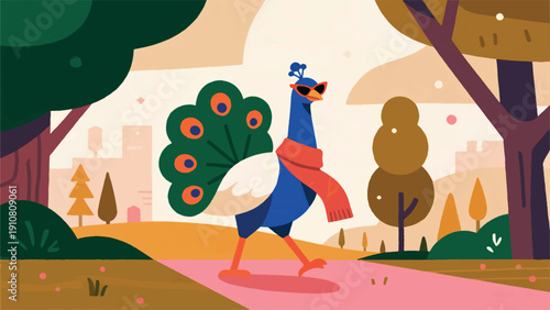 Illustration Of A Peacock Wearing Glasses And A Scarf, Walking Gracefully In An Open Nature Park, Tail Open Vector Design Template
