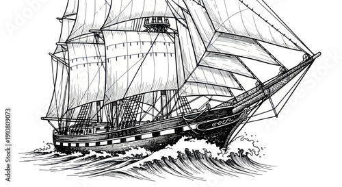 Vintage Tall Ship Sailing on Ocean Waves, Nautical Black and White Illustration
