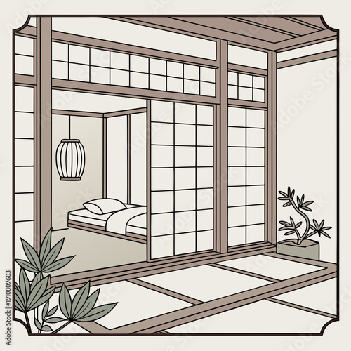 Japanese style room with sliding doors and indoor plants during daytime Generative AI