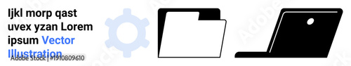 Business operations, technology processes, data organization, digital systems, automation, workflow management. Gear, folder and laptop symbols. s business operations and technology processes