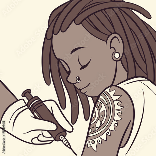 Tattoo artist works on arm design in a studio during the afternoon with a client seated in a relaxed position Generative AI