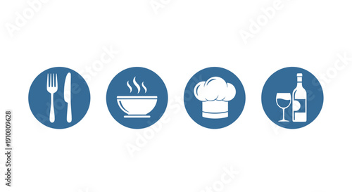 Culinary Delights:  An array of food and drink-related icons, each representing a different facet of the dining experience, from cutlery to culinary artistry. 