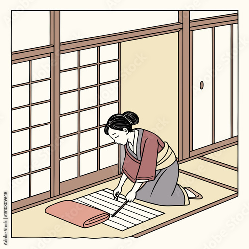 Woman prepares a mat in a traditional room with sliding doors and paper windows during daylight hours Generative AI