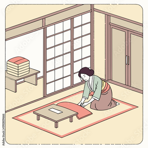 Woman arranging cushions on the floor in a traditional Japanese room during the day Generative AI