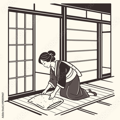 Woman lays down a traditional mat in a simple room with sliding doors during the day Generative AI