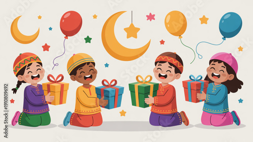 Children giving an Eid gift to another child is a heartwarming and joyful scene. It shows kindness, generosity, and celebration during the festival of Eid.