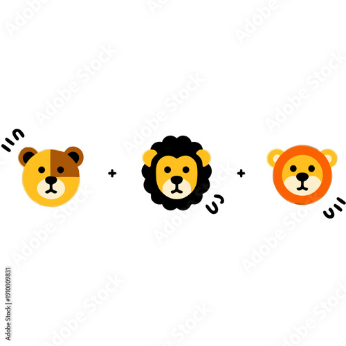 Cute Animal Evolution Vector Illustration: Bear, Lion, and Cub Faces Representing Growth, Family, and Genetic Transformation Concept Graphic Design
