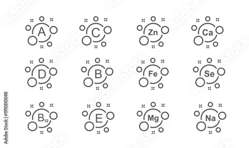 Vitamin B1, B, C, A, D, E, Ca, Zn, Mg, Se, Fe, Ca, vector. Set of Multi Vitamin, complex icons.