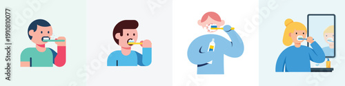 Vector illustration set of a person brushing teeth, flat design, simple minimal style, no outline, modern bright colors
