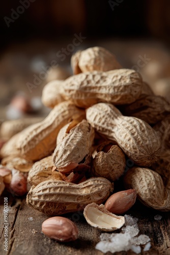 Textured peanut shells piled on a wooden table with kernels peeking out