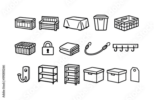 A variety of line art icons representing storage solutions, furniture, and organizational tools for home and garage