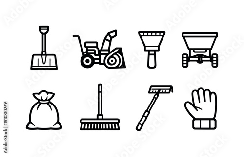 Collection of line art icons representing tools for clearing snow and ice, including a snow blower, shovel, broom, and spreader