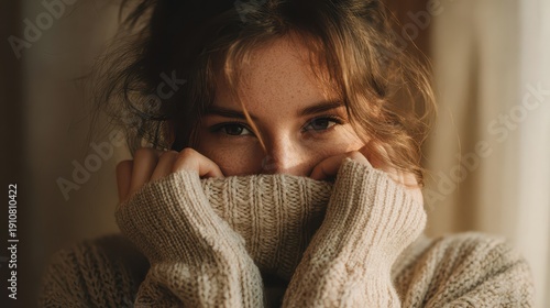 Timid woman peeking from under a sweater collar in a comfortable home environment with warm light