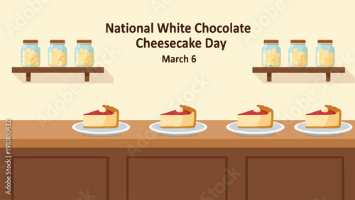 Illustration celebrating National White Chocolate Cheesecake Day on March 6 with cheesecake slices and jars of ingredients on shelves.