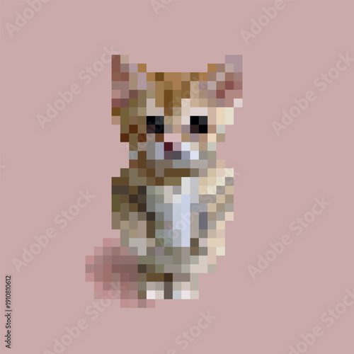 Cute Ginger Kitten Standing. Pixel Art Meme Style Vector Illustration