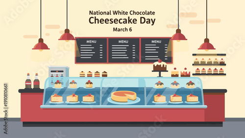 National White Chocolate Cheesecake Day March 6 Bakery Shop Interior Banner with Display Counter and Dessert Showcase Flat Vector Illustration