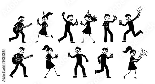 Cartoon people dancing and having fun together in black silhouettes.