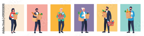Vector illustration set of a person carrying groceries, flat design, minimalist composition, no outline, modern bright colors