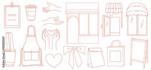 Cafe or coffee shop branding elements line art icons for packaging or business identity, storefront, menu, apron, signage, hands