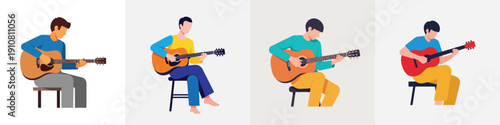 Vector illustration set of a person playing guitar alone, flat design, simple shapes, no outline, bright modern colors