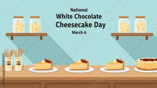 Illustration celebrating National White Chocolate Cheesecake Day on March 6 with slices and a whole cheesecake on a counter.