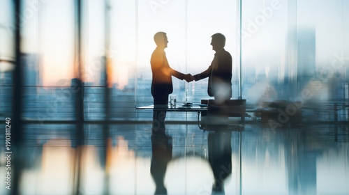 Two business professionals shake hands over a signed contract in a modern office, symbolizing a corporate merger and teamwork