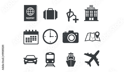 Comprehensive travel and tourism icon set featuring passport, suitcase, hotel, and various transportation modes.