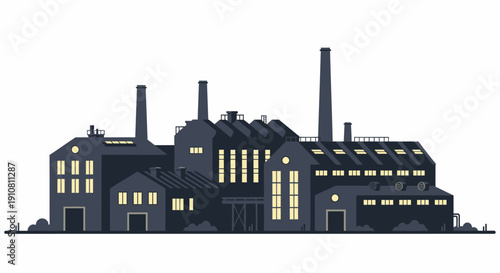 Industrial factory building silhouette with smokestacks and glowing windows, representing manufacturing and production plants