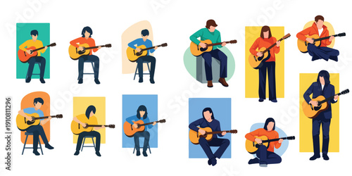 Vector illustration set of a person playing guitar alone, flat design, simple shapes, no outline, bright modern colors