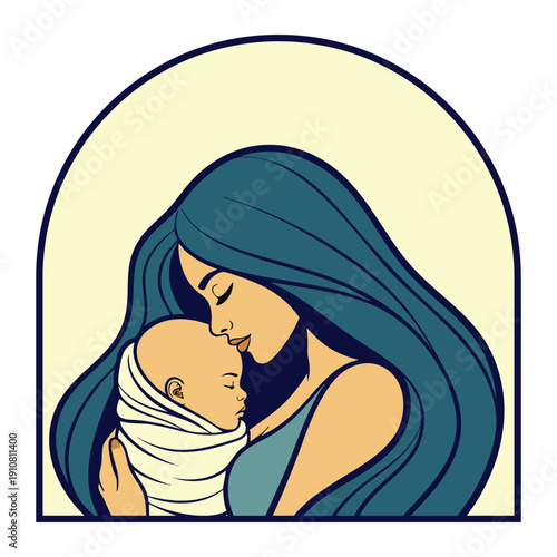 Tender mother embracing baby on mothers day with love and affection in a heartwarming moment, editable vector illustration.