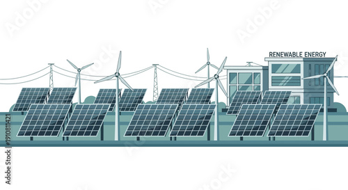 A modern renewable energy facility featuring solar panels and wind turbines powering a building labeled 'Renewable Energy'.