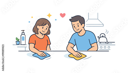 A man and woman are cheerfully wiping down their kitchen counter, symbolizing shared household chores and a loving relationship